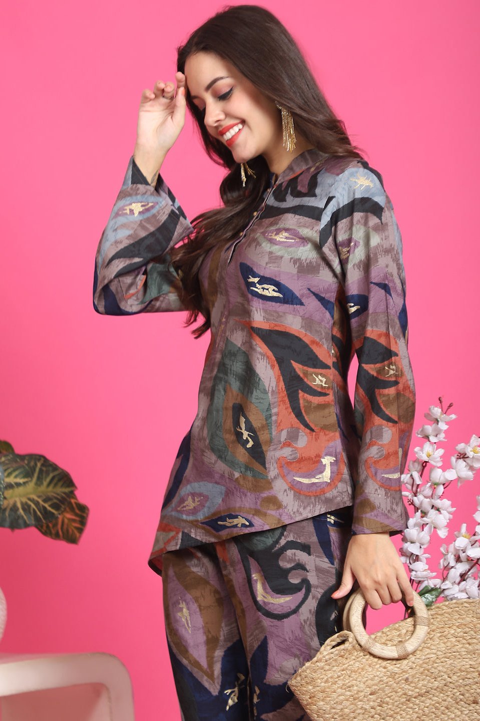 Mauve Abstract Printed Chanderi Silk Co-Ord Set for Women | Claura