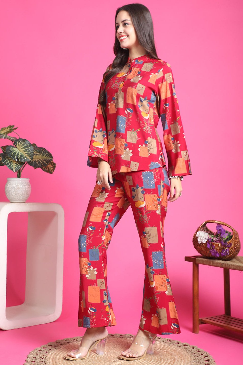 Back view of model styling Magenta co-ord outfit