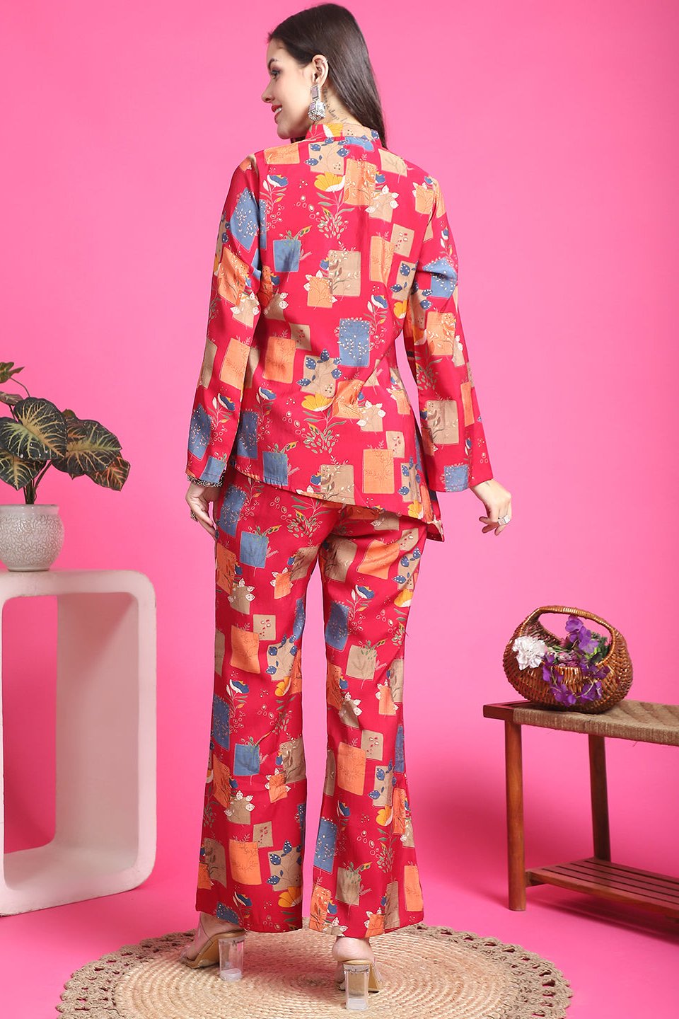 Back view of model styling Magenta co-ord outfit