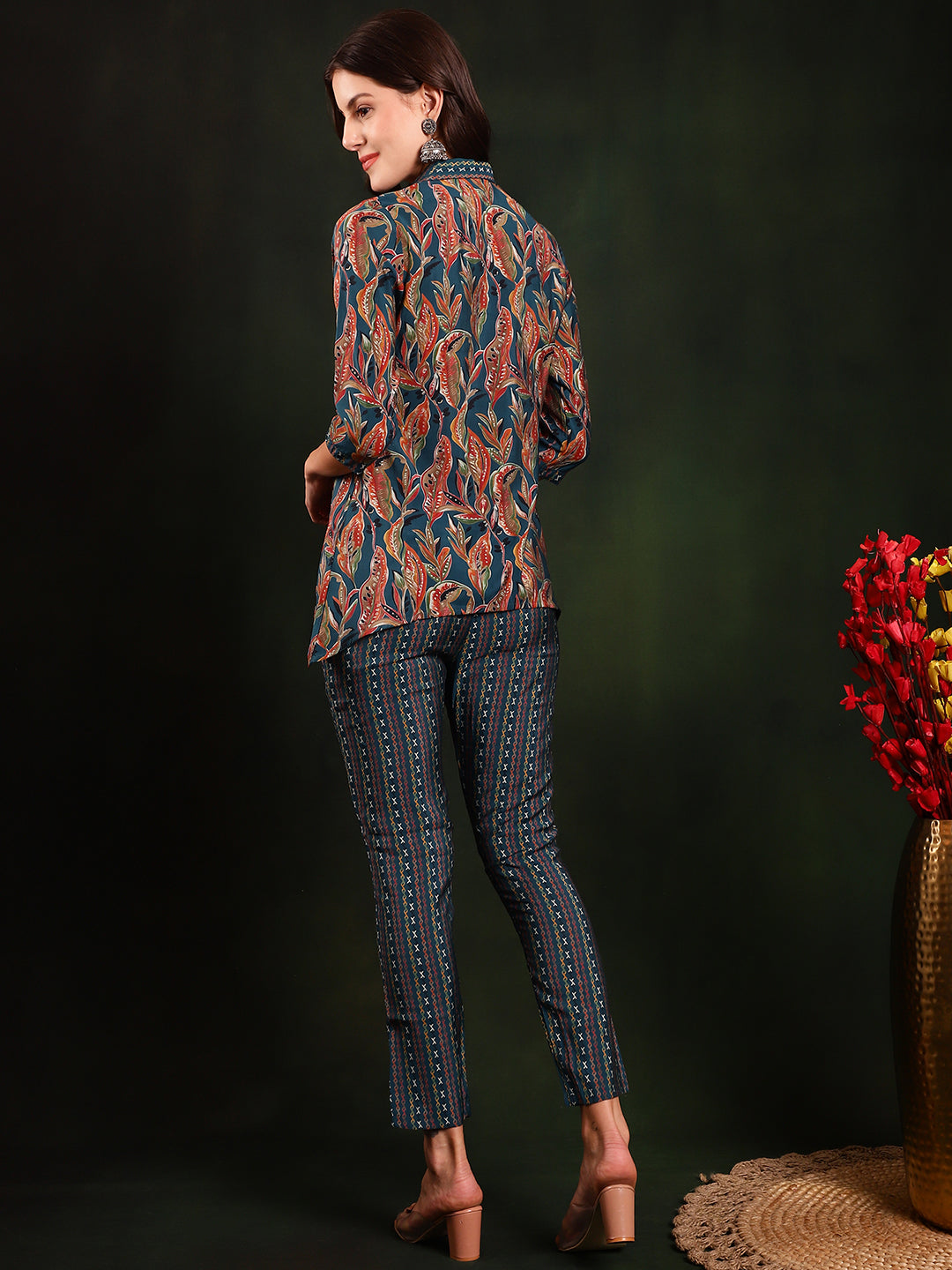 Back view of model styling Green co-ord outfit