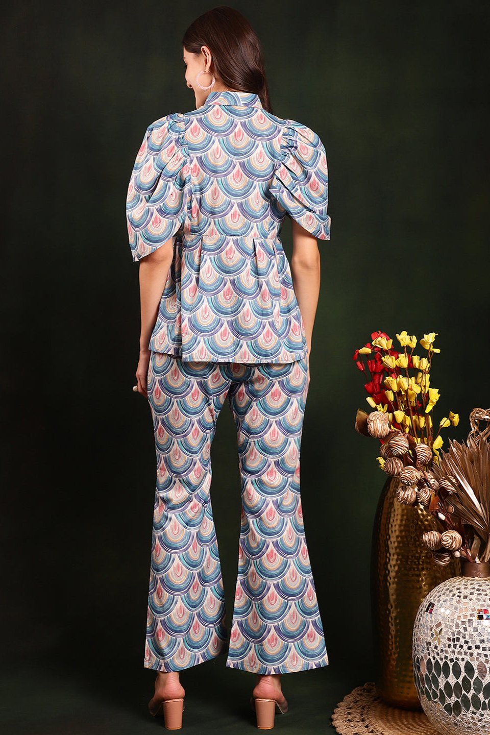 Back view of model styling blue co-ord outfit