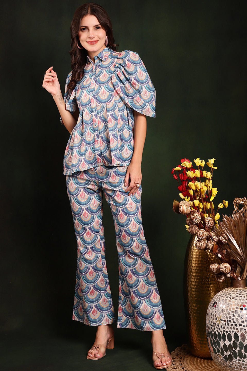 Lifestyle shot of Abstract Print Cotton Co-Ord Set for a brunch outing