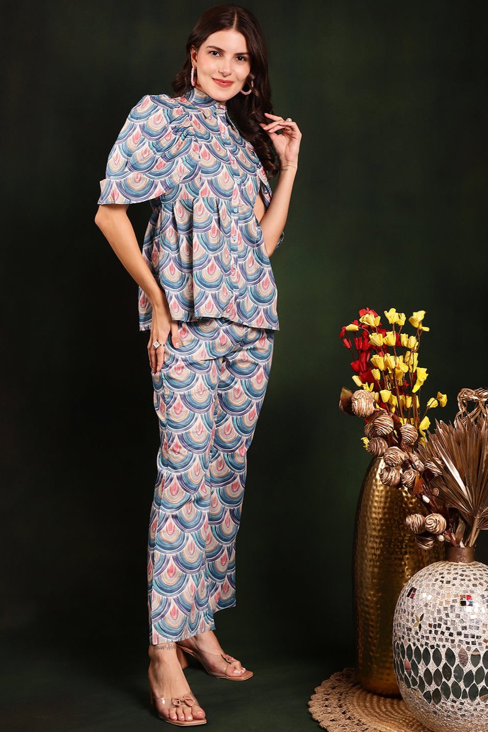 Blue Co-Ord Set with wide-leg trousers & collared shirt