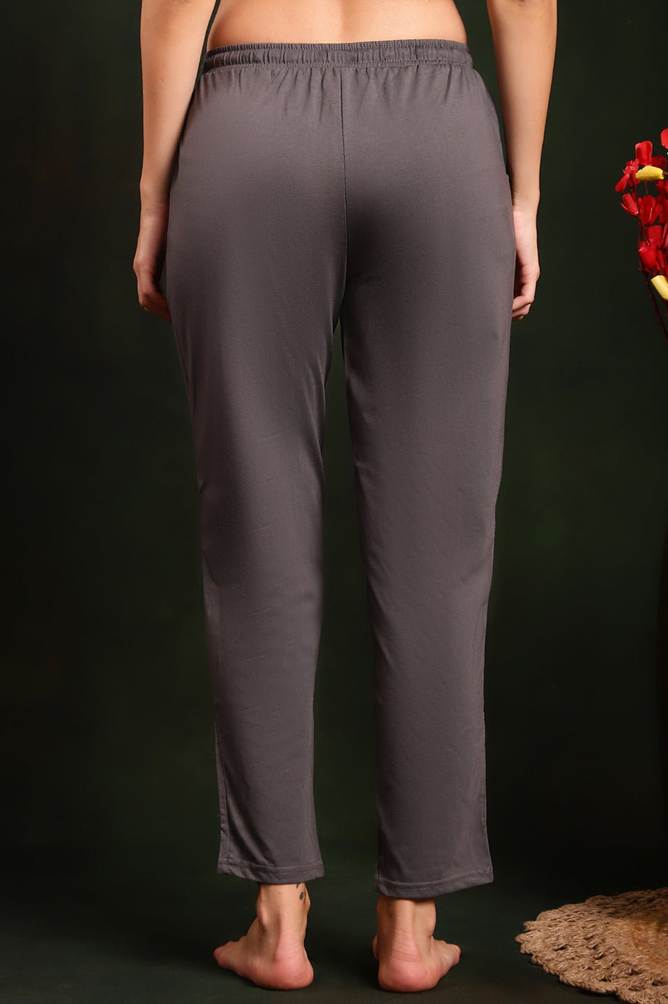 Grey Solid Printed Cotton Lounge Pants