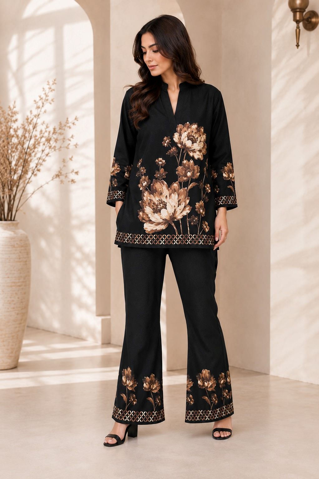 Black Floral Printed Rayon Co-Ord Set For Women | Claura