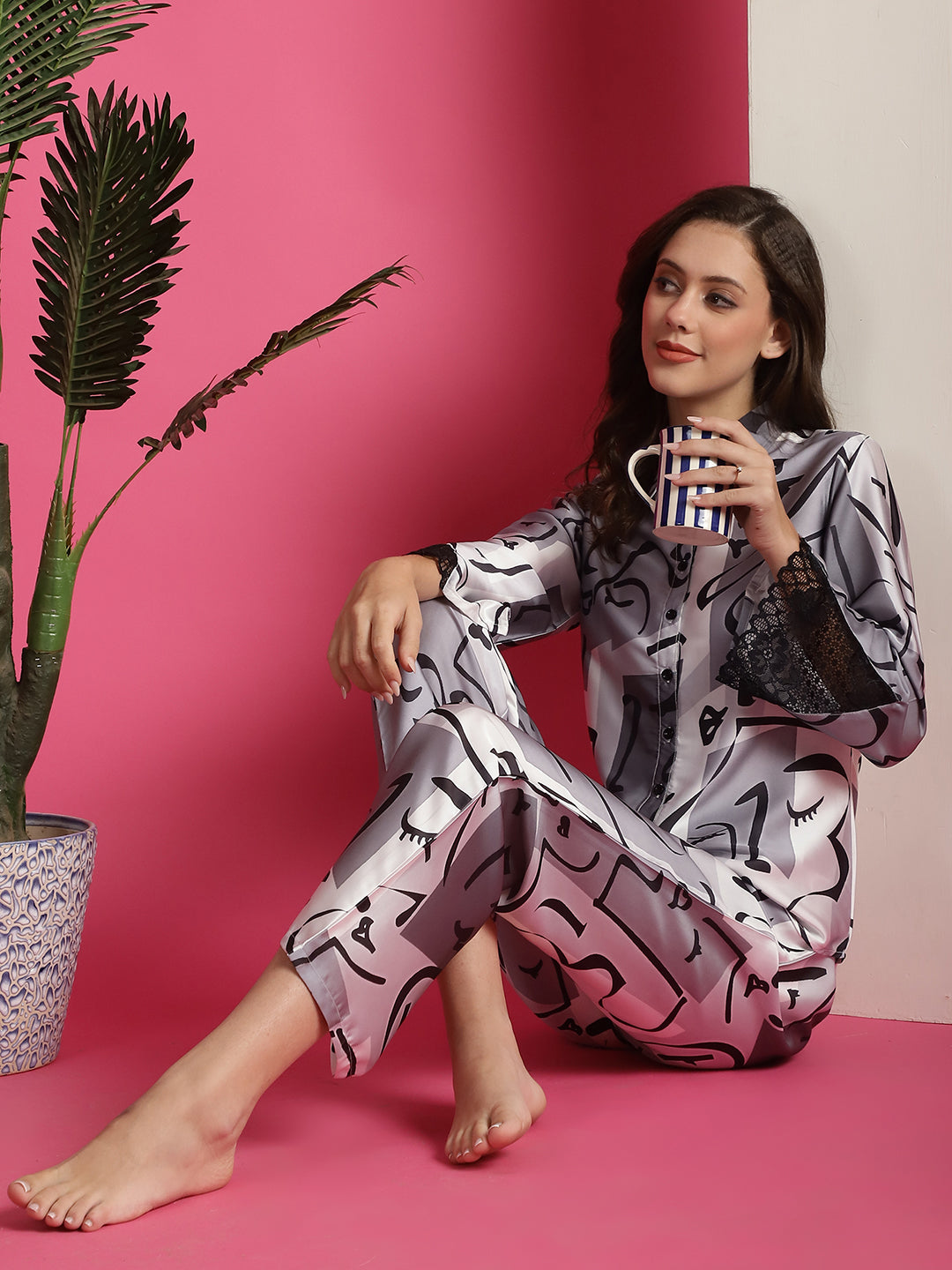 Black & White Abstract Printed Satin Night Suit for Women by Claura