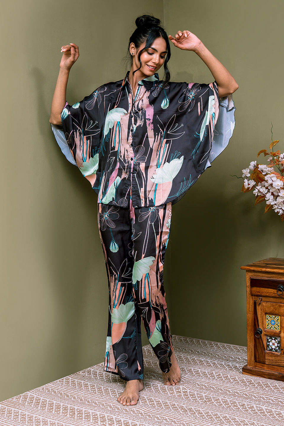 Black Abstract Printed Satin Night Suit for Women by Claura