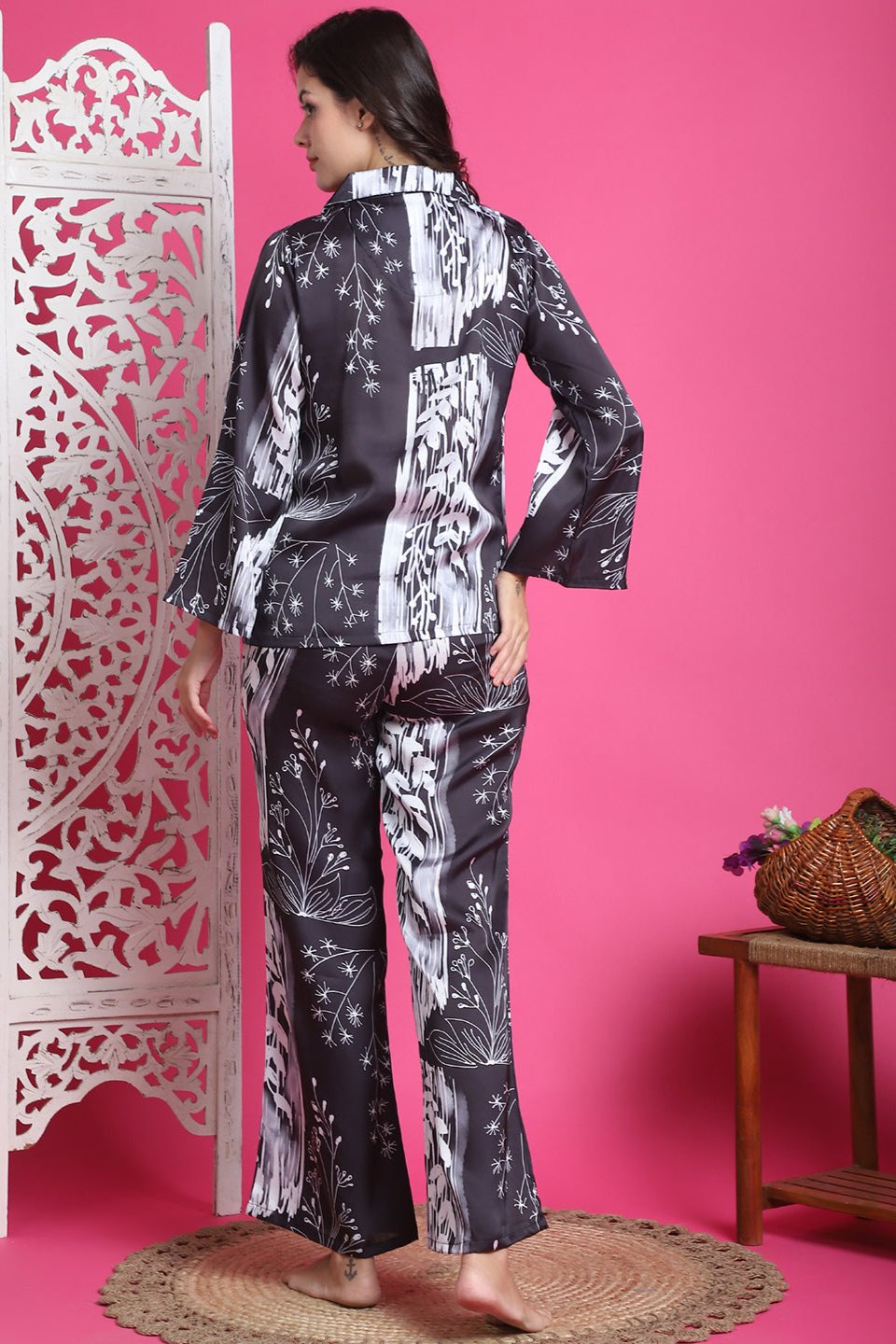 Black Tropical Printed Satin Night Suit for Women by Claura