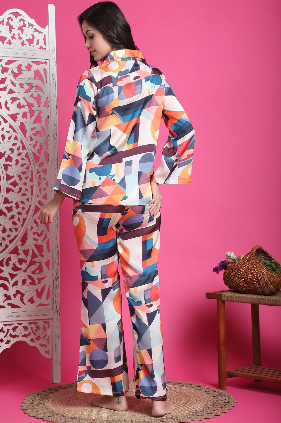 Multi-Color Abstract Printed Satin Night Suit for Women by Claura