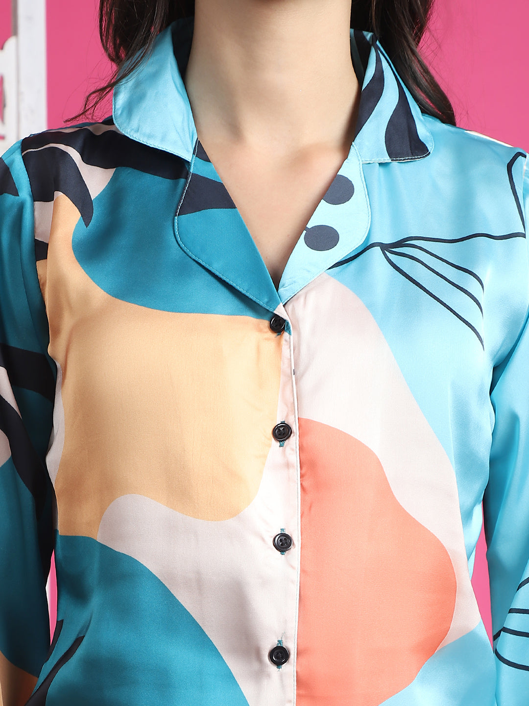 Blue Color Abstract Printed Satin Night Suit for Women by Claura