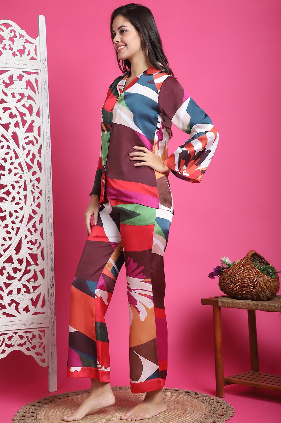 Multi-Color Abstract Printed Satin Night Suit for Women by Claura