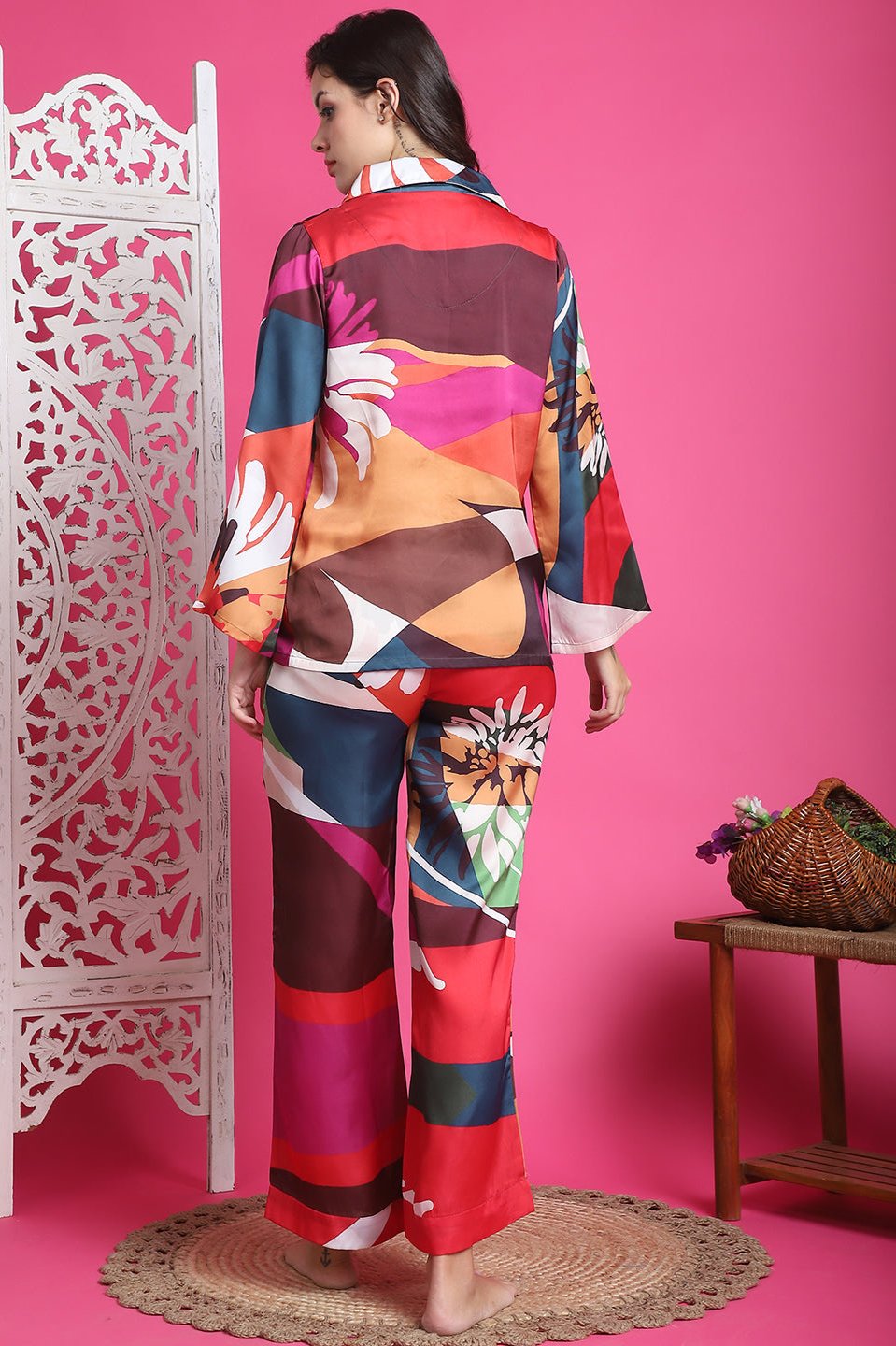 Multi-Color Abstract Printed Satin Night Suit for Women by Claura