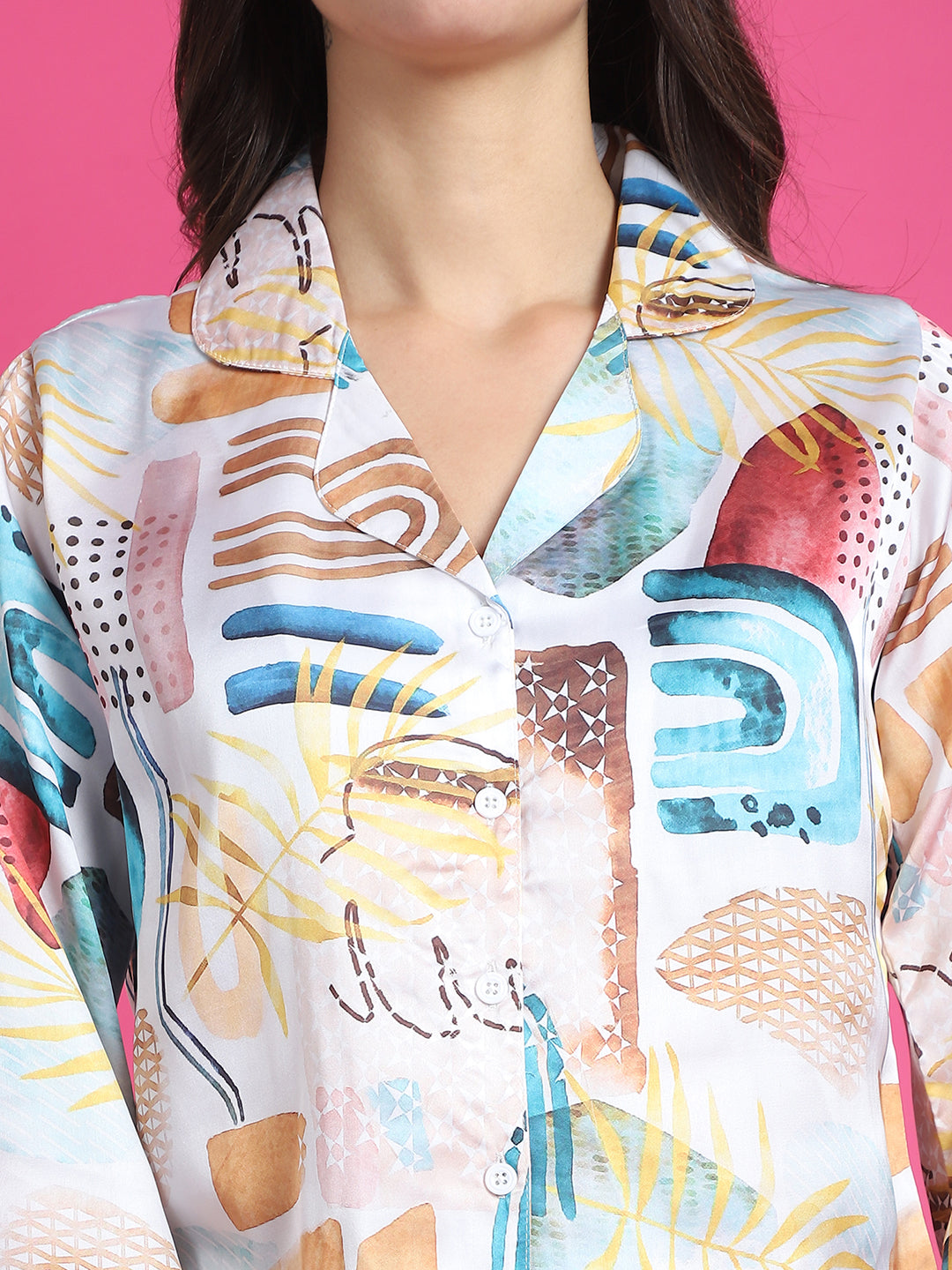 White Abstract Printed Satin Night Suit for Women by Claura