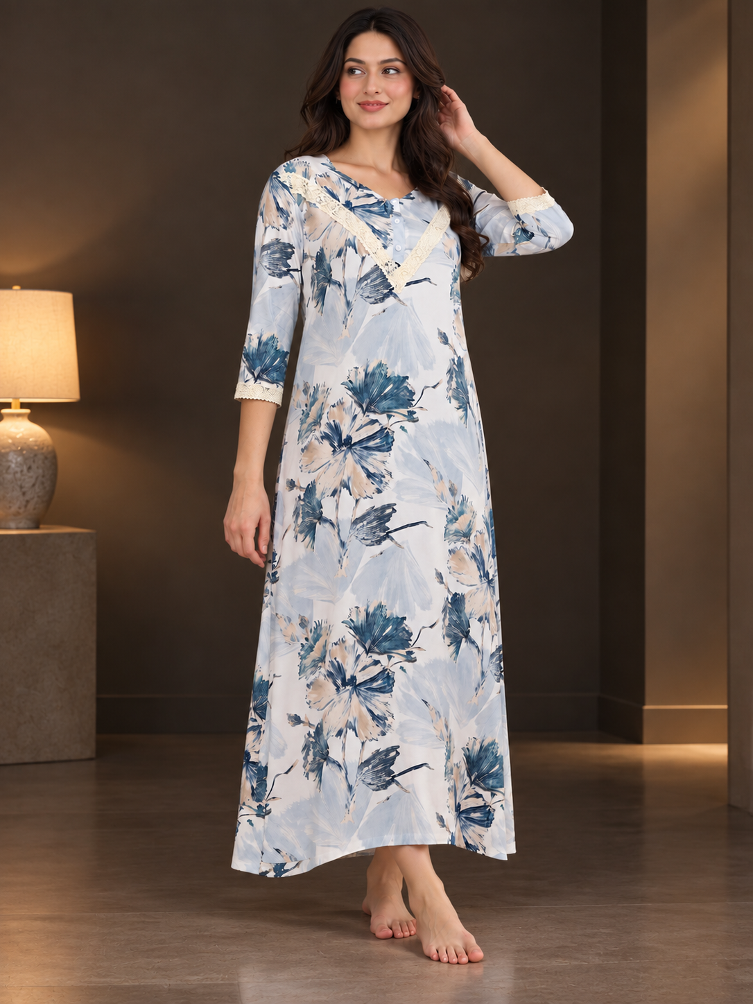 Blue Rayon Cotton Floral Dress | Claura
