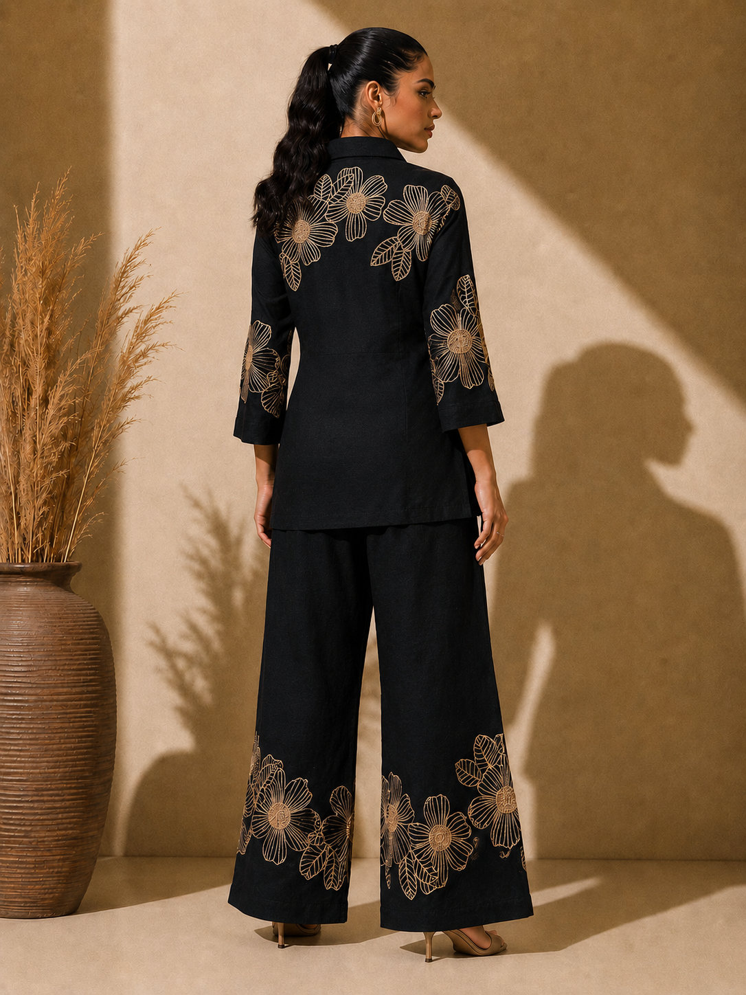 Woman styling Black Embroidered co-ord set, lifestyle look, shirt and pants