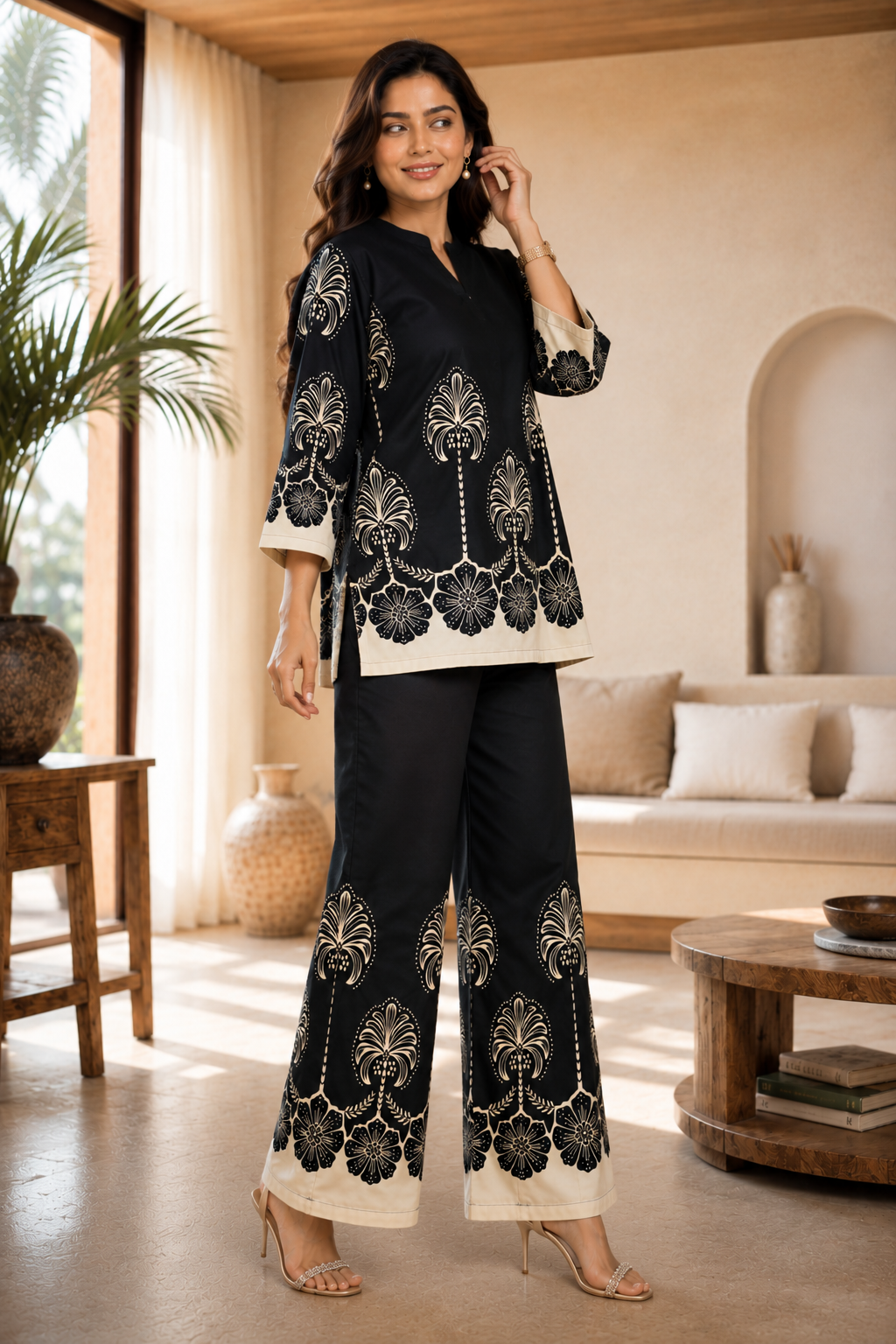 Black & Cream Floral Printed Mandarin Collar Co-Ord Set | Claura