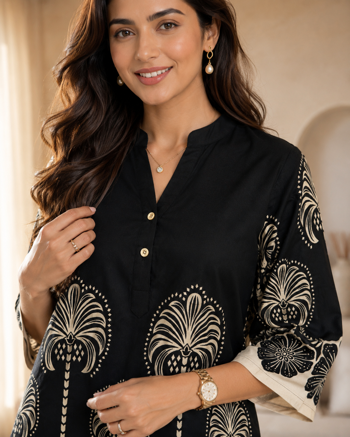Black & Cream Floral Printed Mandarin Collar Co-Ord Set | Claura
