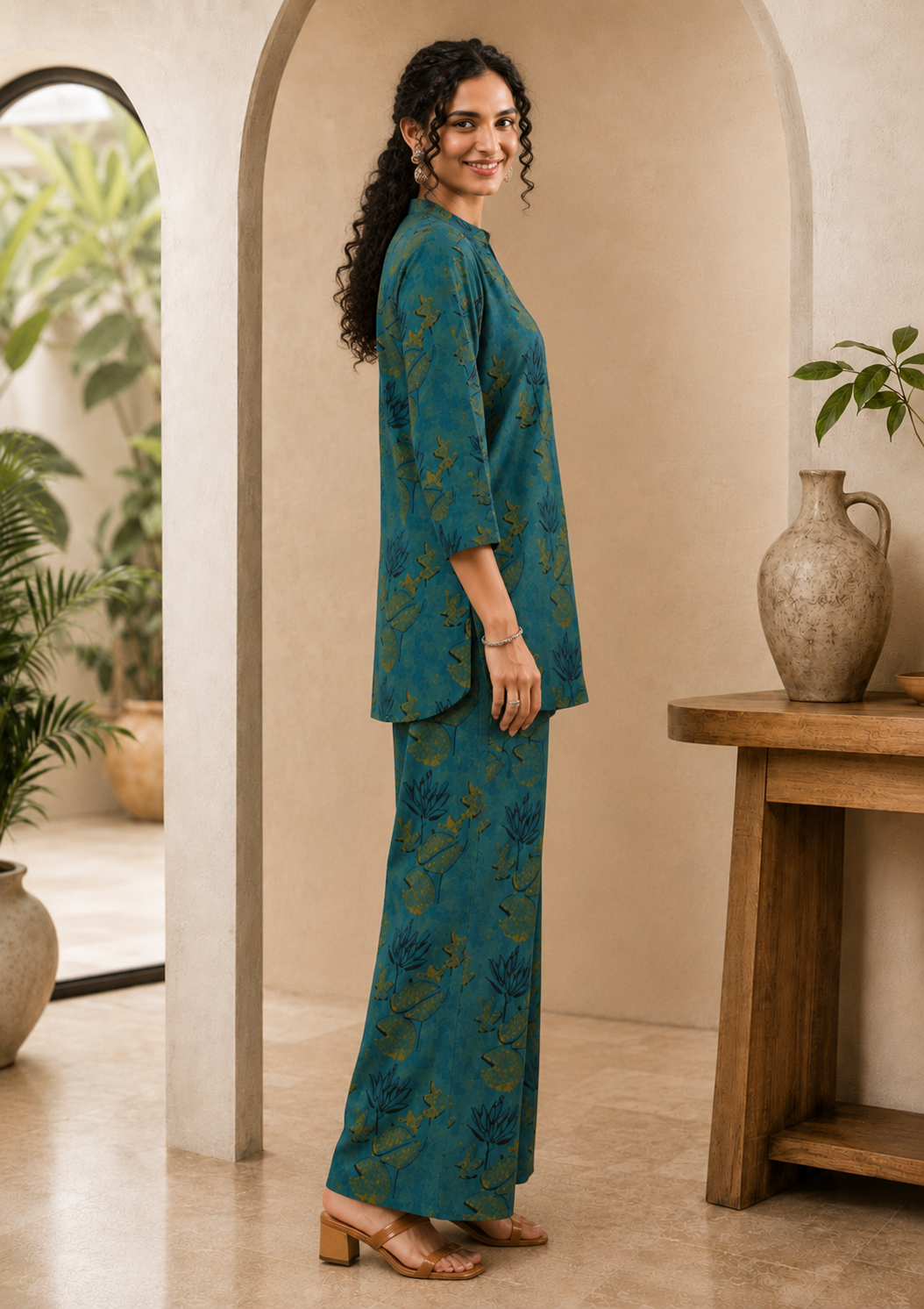 Teal Green Cotton Printed Tunic with Palazzos Co-Ord Set | Claura