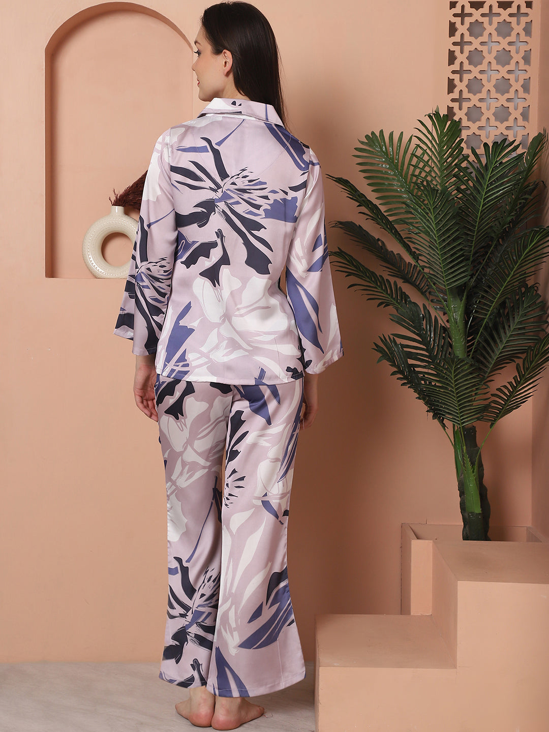 Mauve Floral Printed Satin Night Suit for Women by Claura