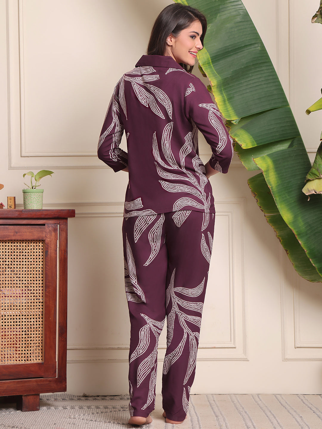 Purple Floral Printed Viscose Rayon Night Suit for Women by Claura
