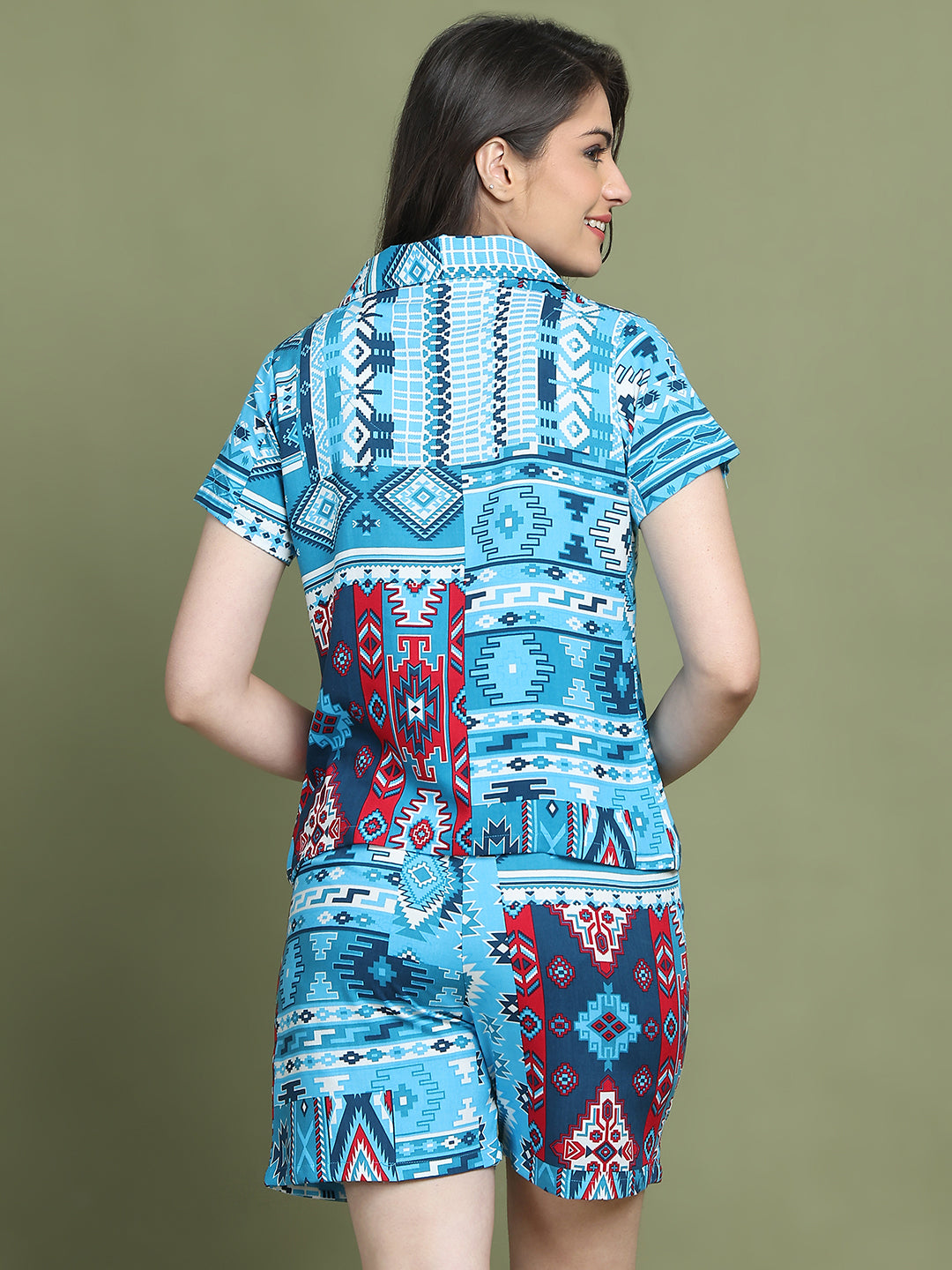 Blue Colour Abstarct Printed Viscose Rayon Top & Shirt Night Suit