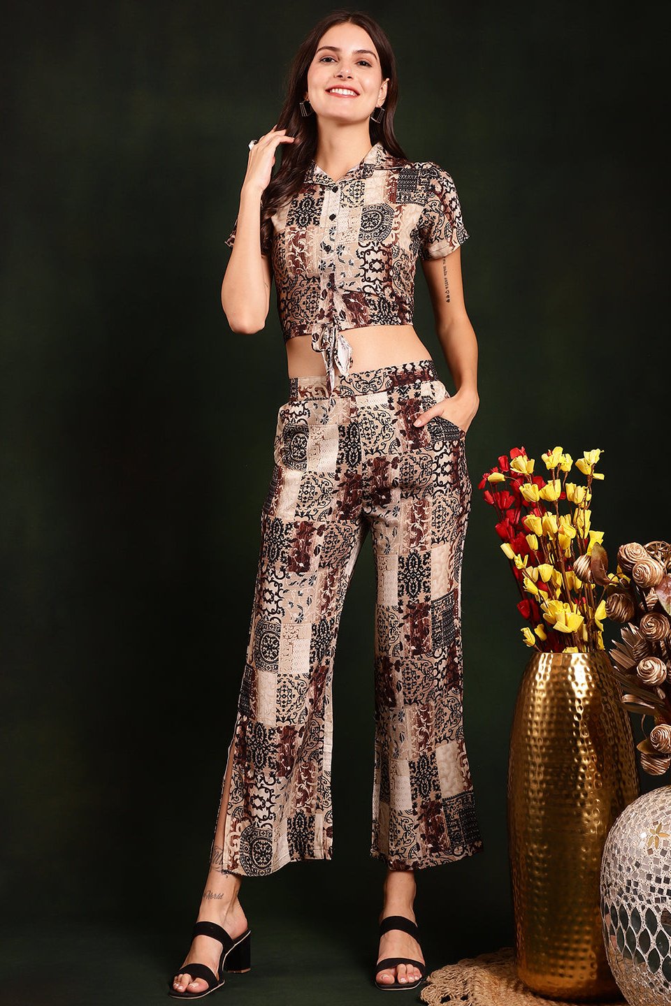 Brown Motif Printed Viscose Rayon Co-ord Set