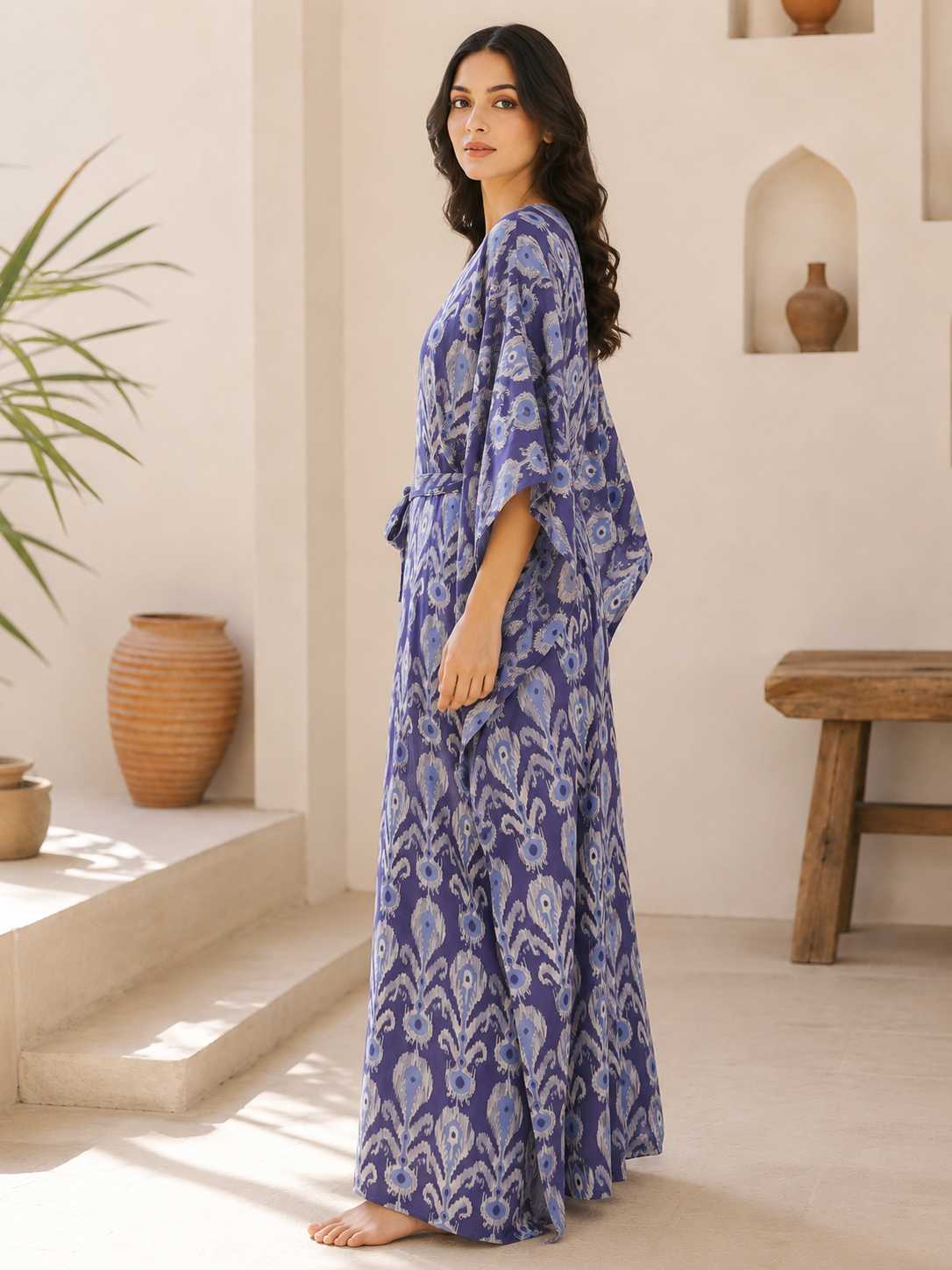 Blue Color Abstract Printed Viscose Rayon Kaftan For Women