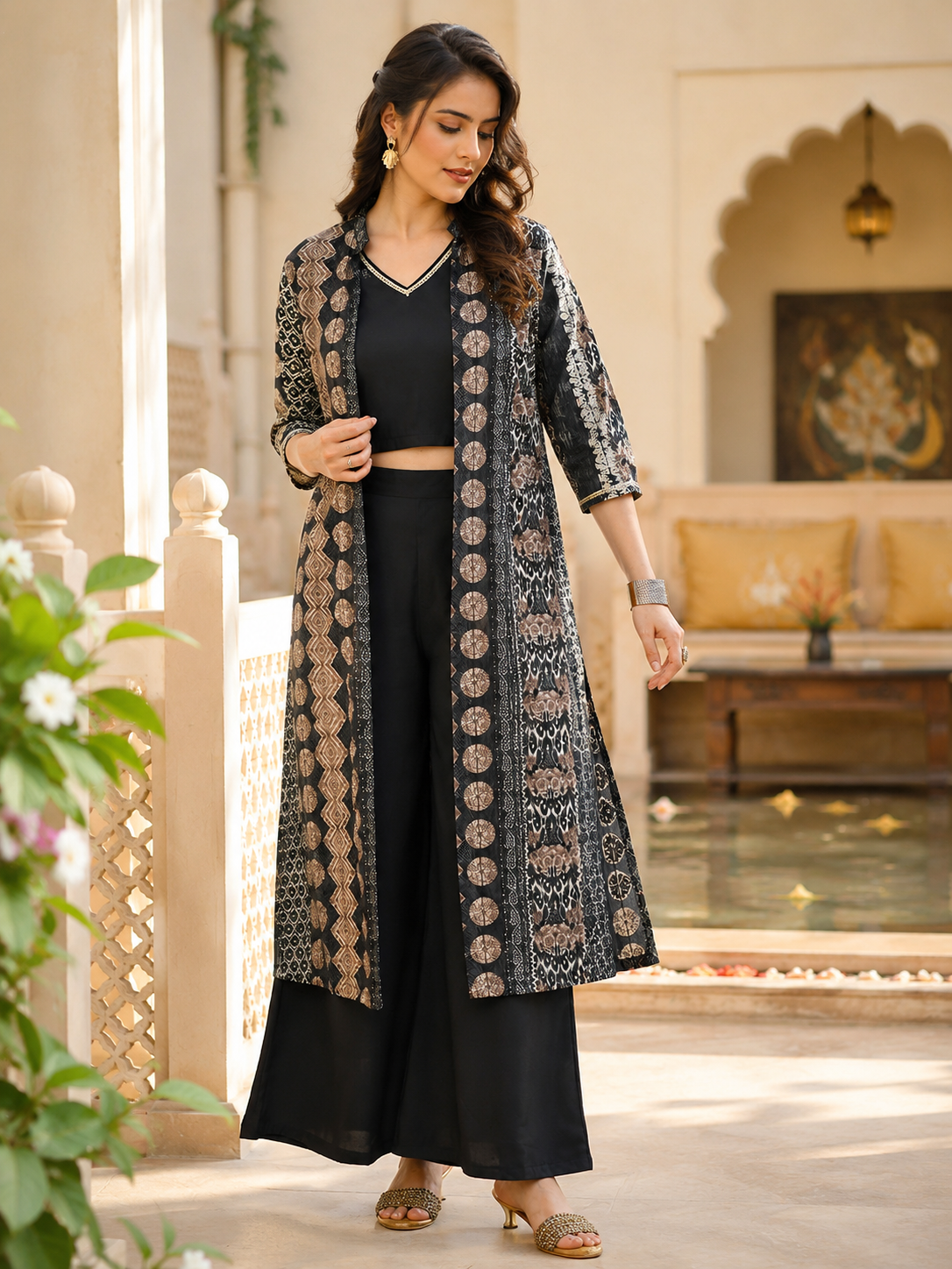 Black Printed 3-Piece Chanderi Silk Co-Ord Set for Women