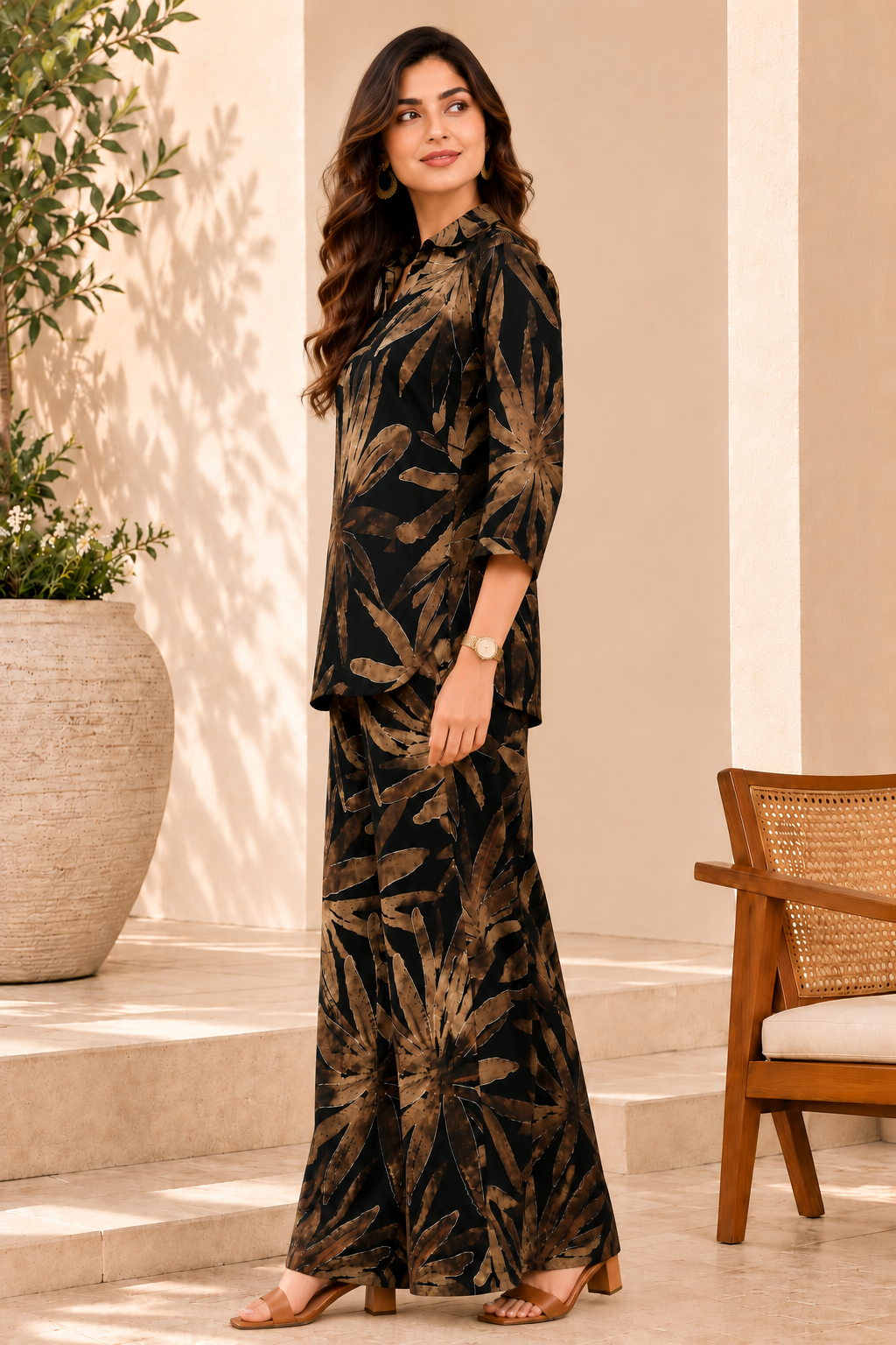 Black Floral Printed Chanderi Co-Ord Set For Women | Claura