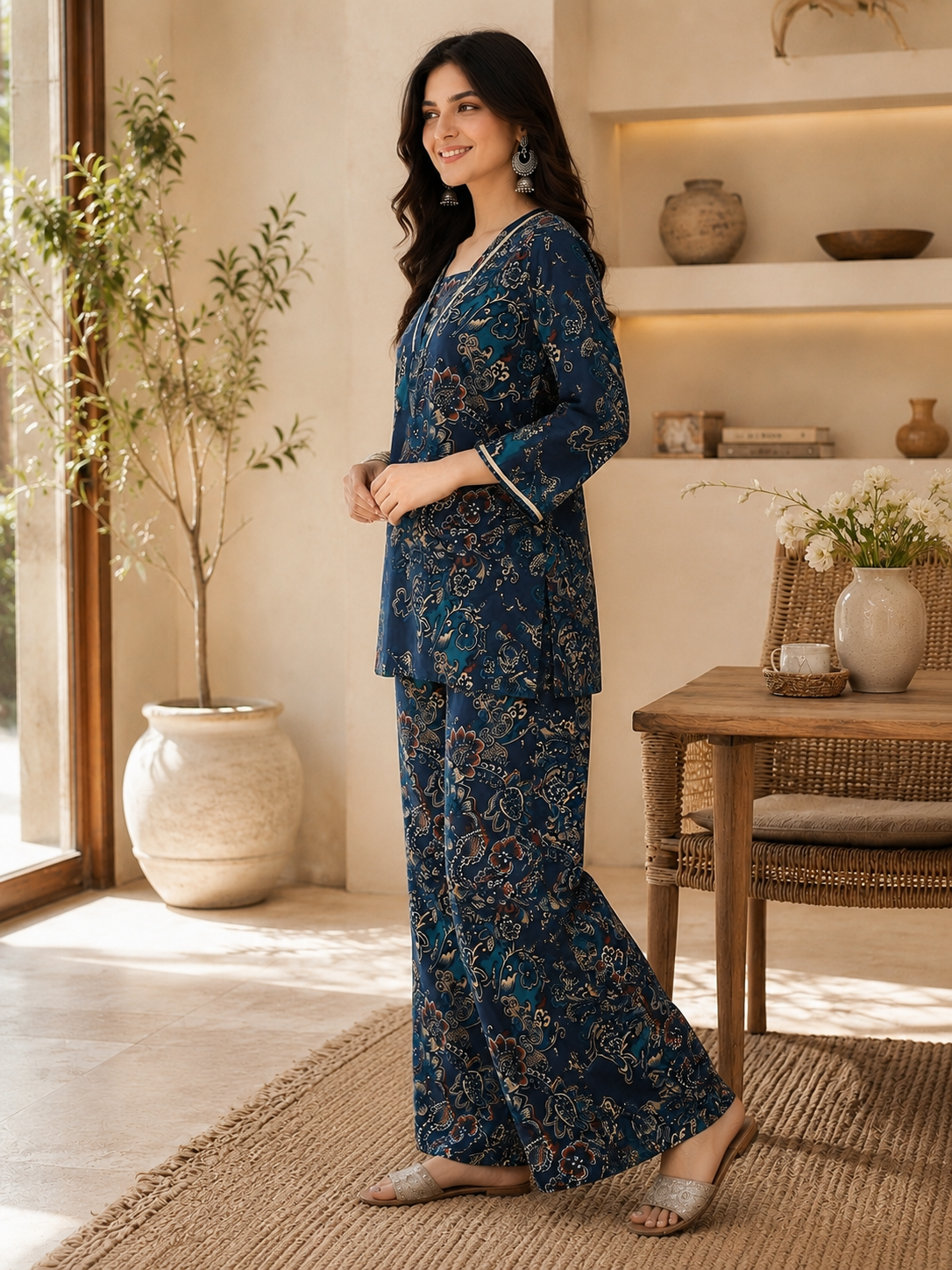 Teal Blue Abstract Printed Silk Co-Ord Set for Women