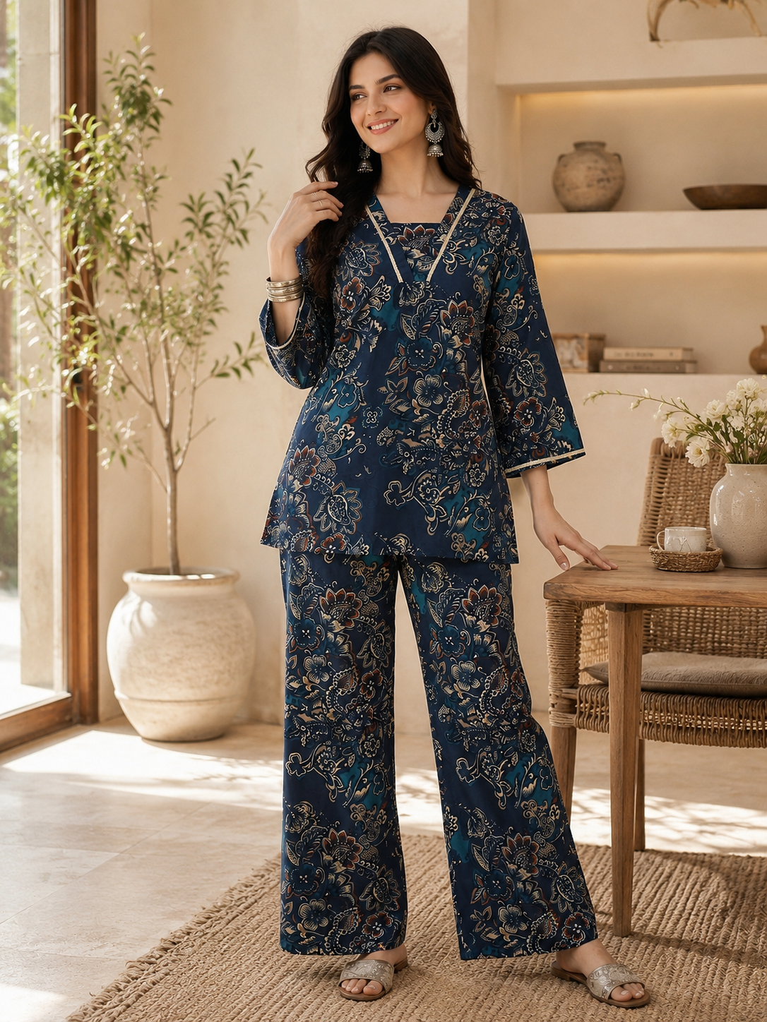 Teal Blue Abstract Printed Silk Co-Ord Set for Women