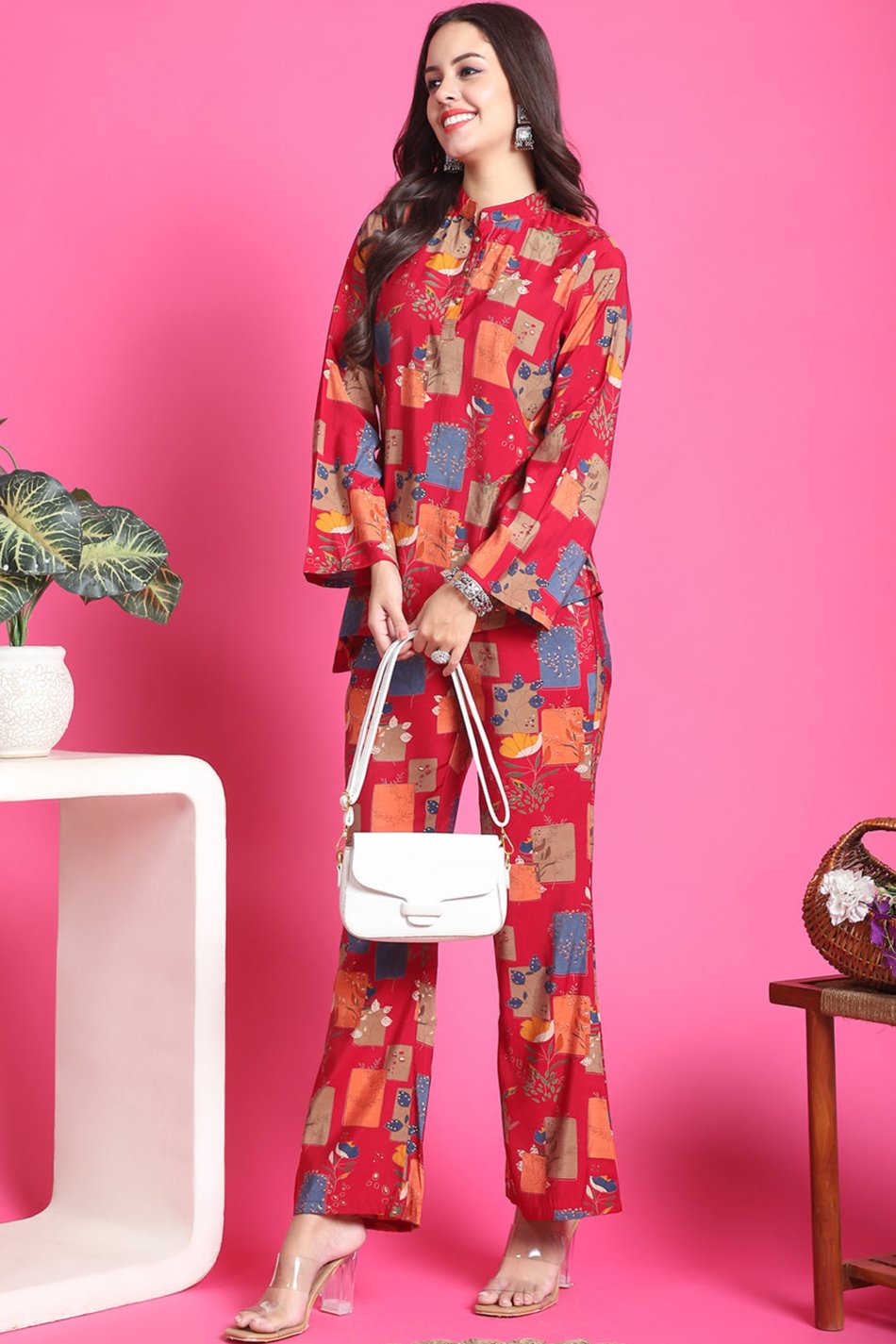 Magenta Co-Ord Set with Palazzos & Mandarin Collar Tunic