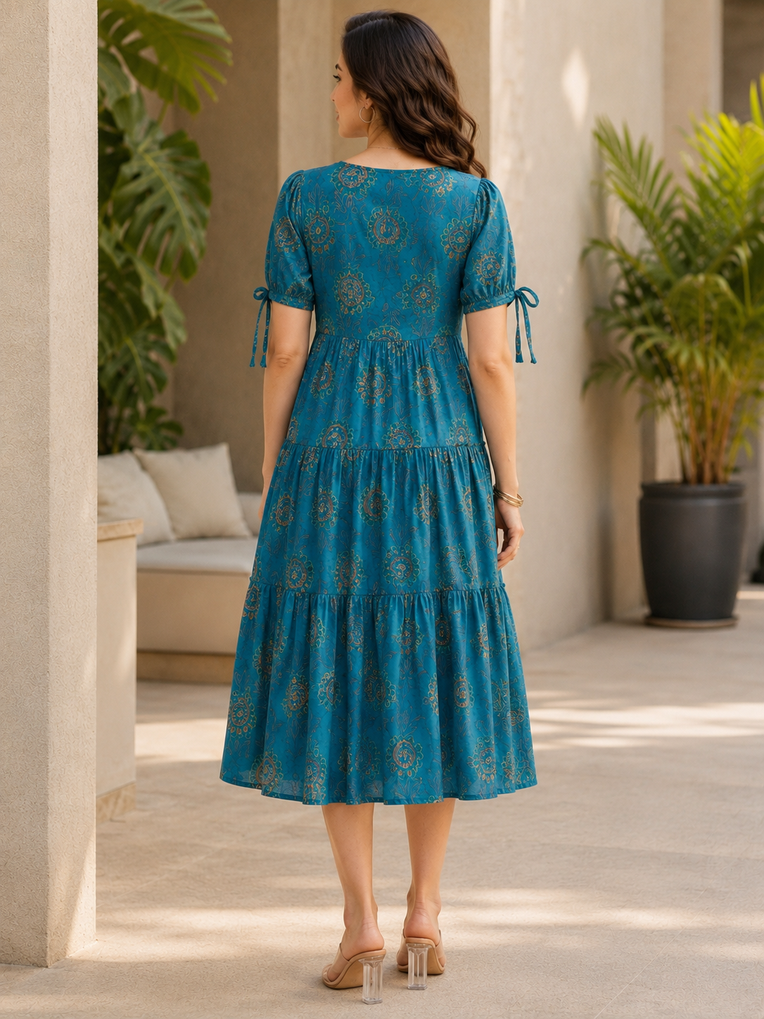 Blue Floral Printed Premium Chanderi Dress for Women | Claura