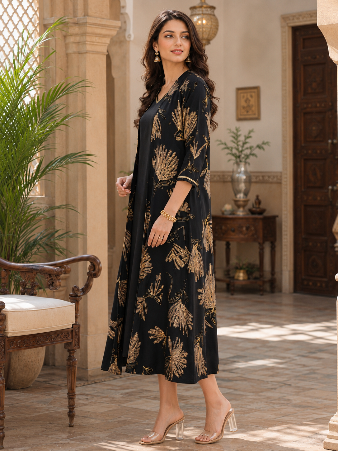 Black Chanderi Silk Floral Printed Dress for Women | Claura