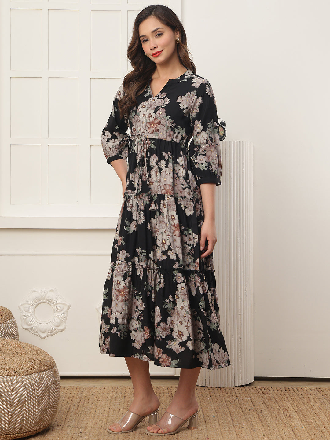 Black Floral Printed Chanderi Silk Dress for Women | Claura