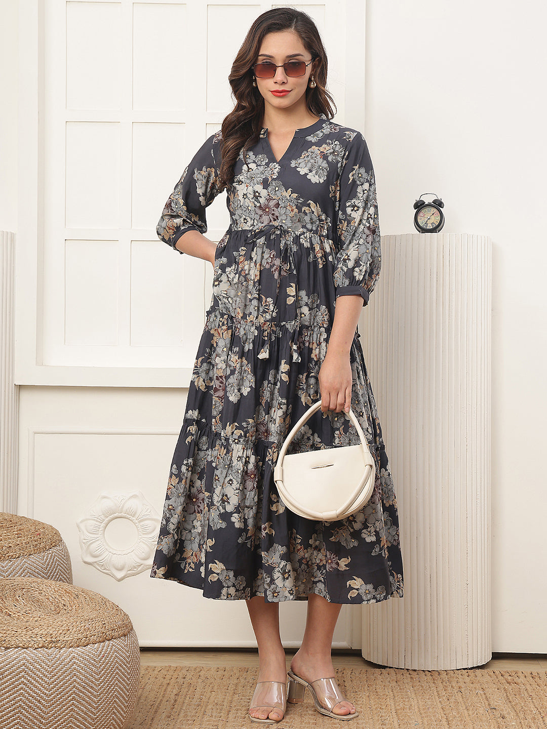 Close-up of Chanderi silk on grey Dresses for Women