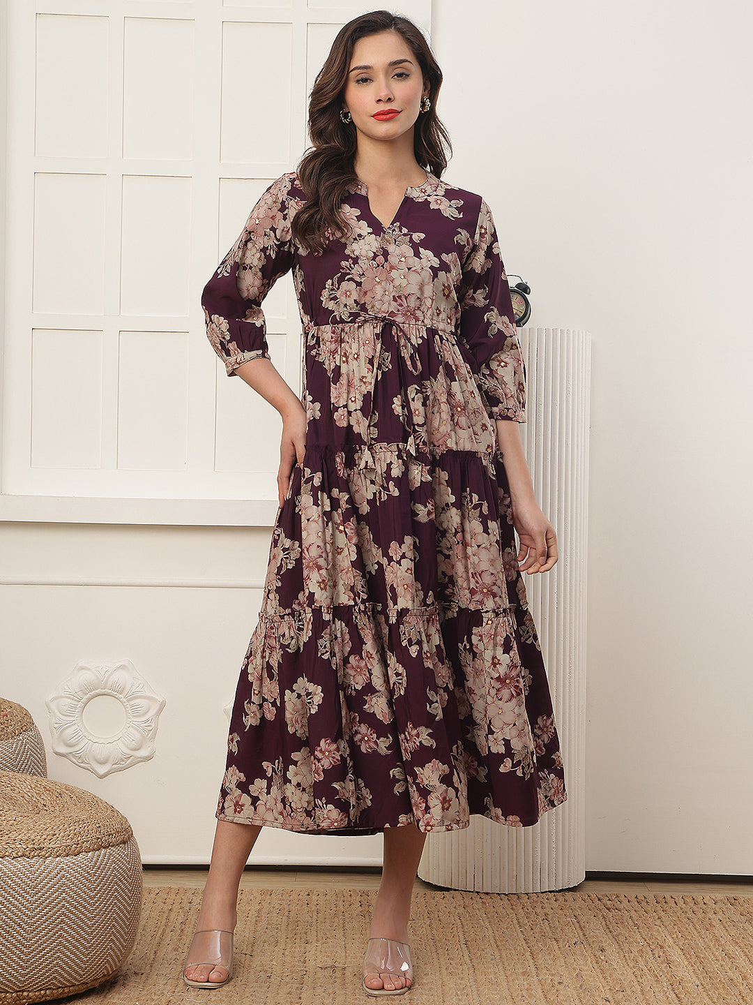 Close-up of Chanderi fabric on Purple Dresses for Women