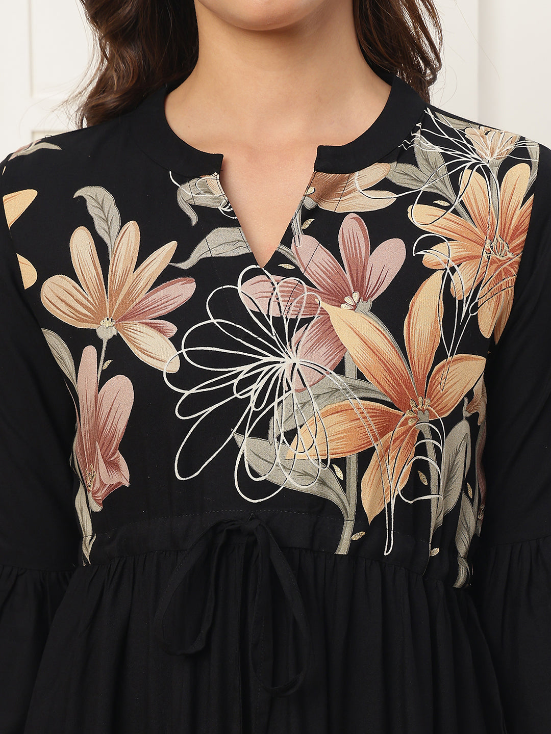 Black Viscose Rayon Floral Printed Dress for Women | Claura