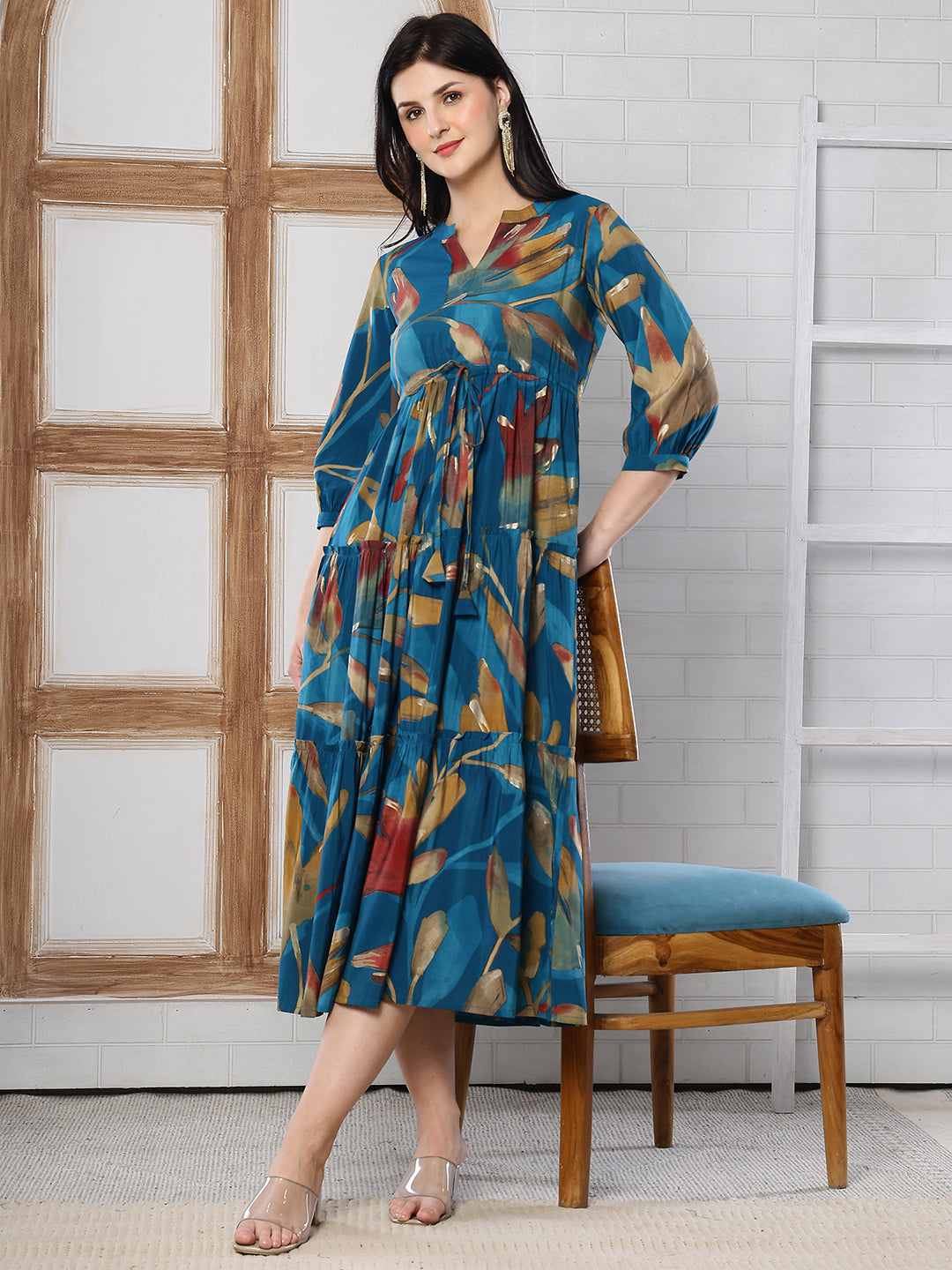 Blue Floral Printed Chanderi Silk Dress for Women | Claura