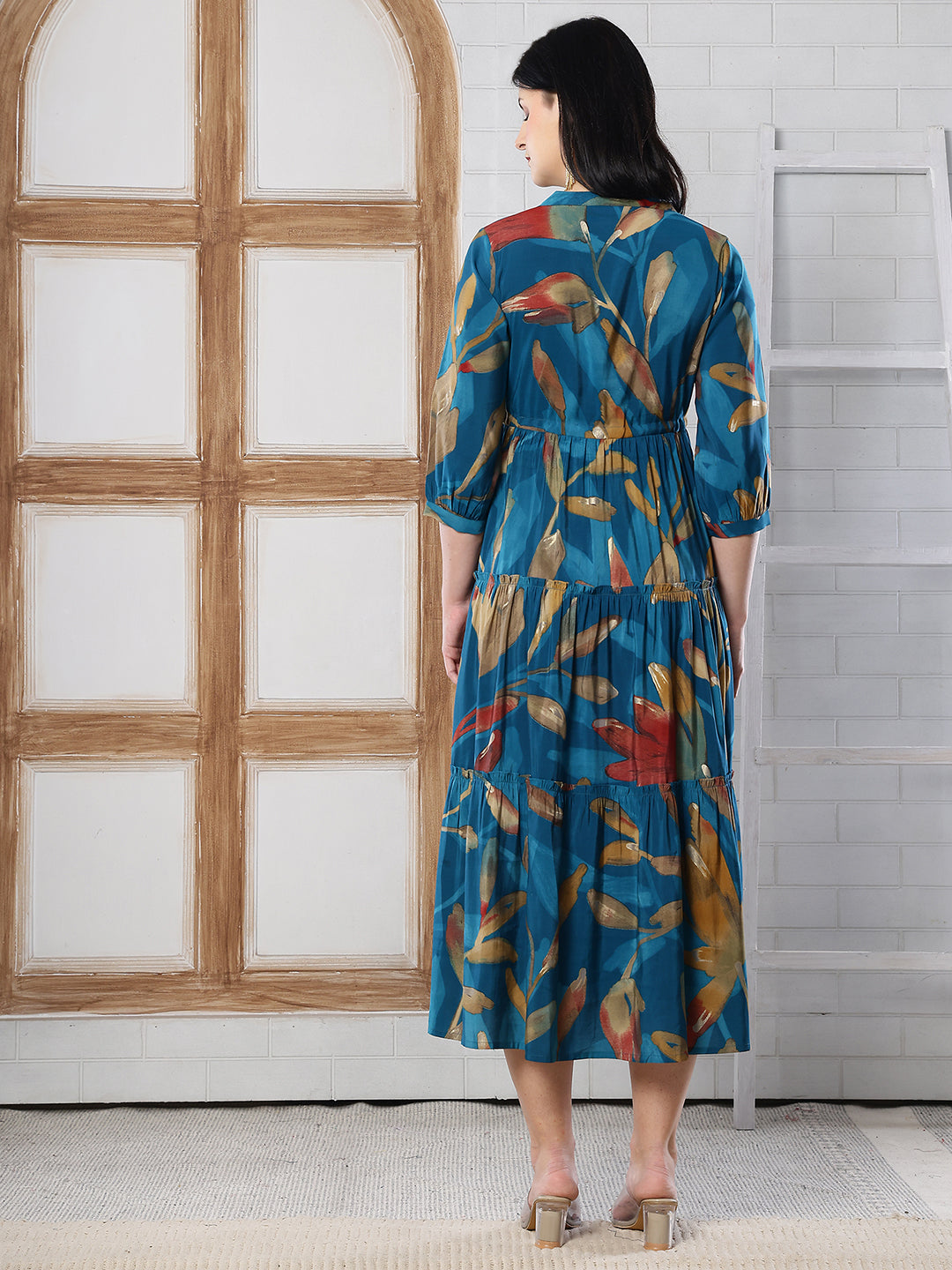 Blue Floral Printed Chanderi Silk Dress for Women | Claura