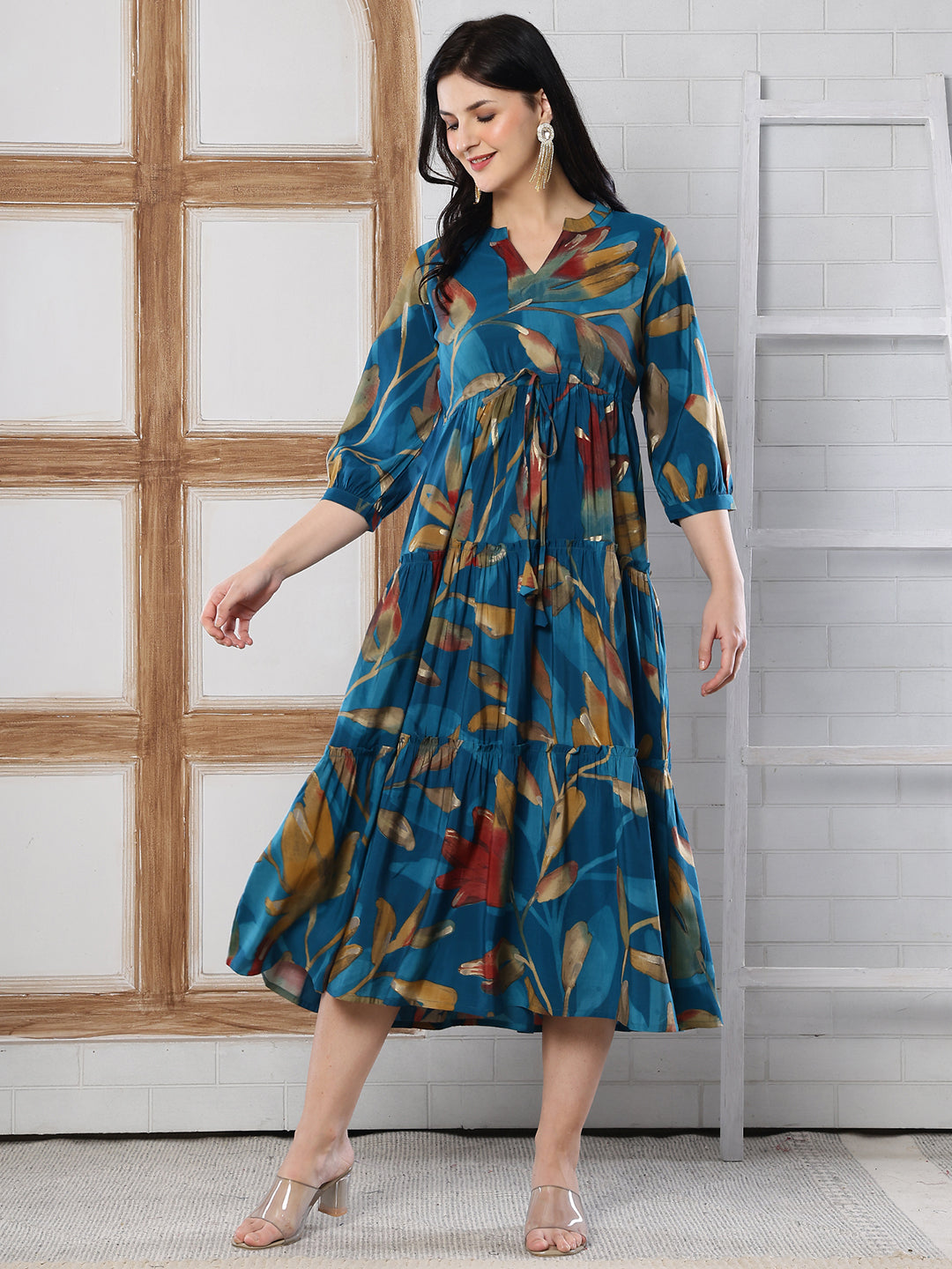 Blue Floral Printed Chanderi Silk Dress for Women | Claura
