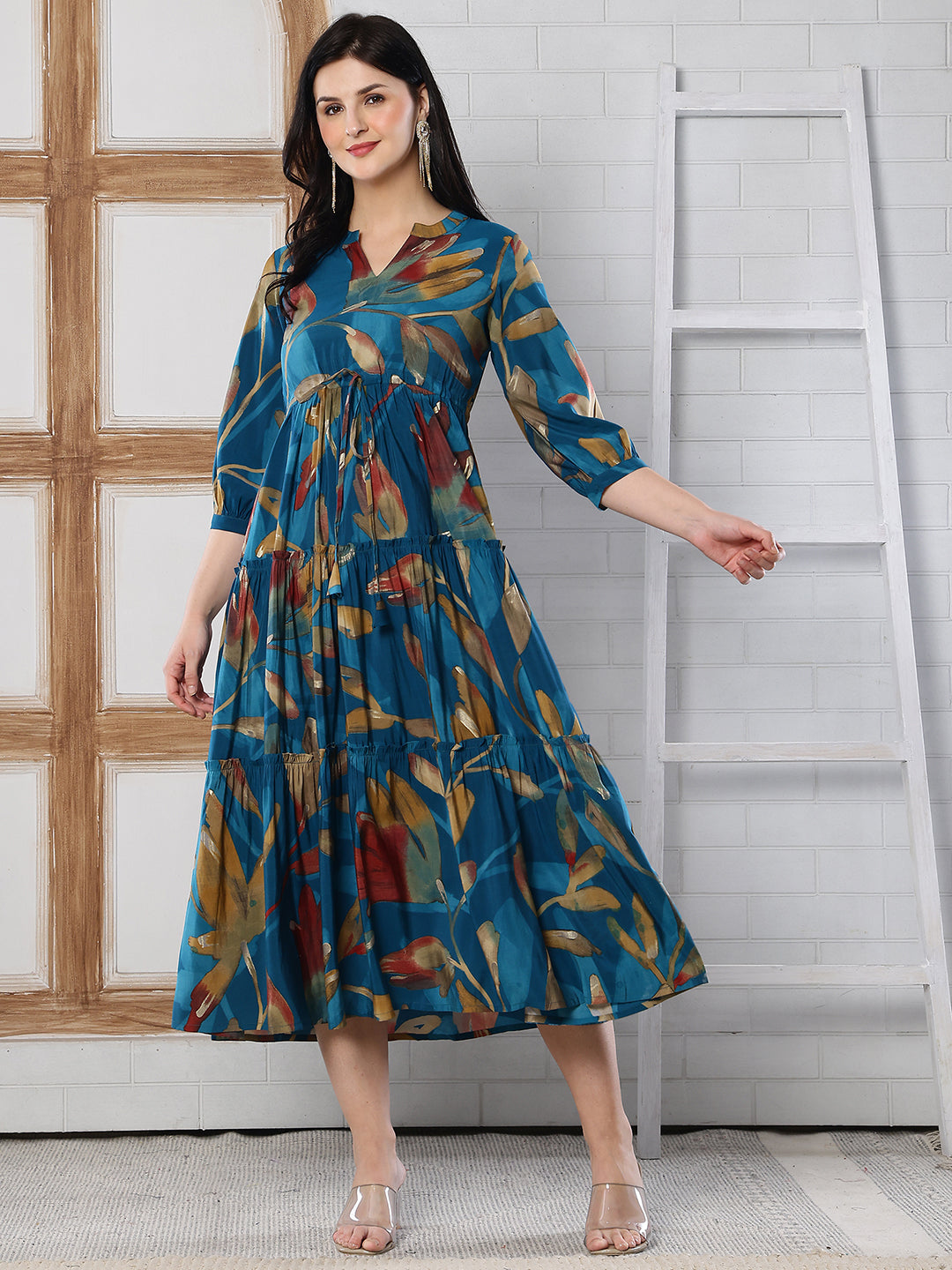 Blue Floral Printed Chanderi Silk Dress for Women | Claura