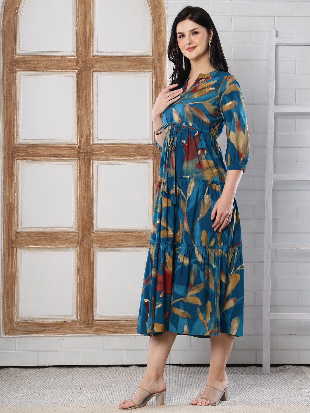 Blue Floral Printed Chanderi Silk Dress for Women | Claura