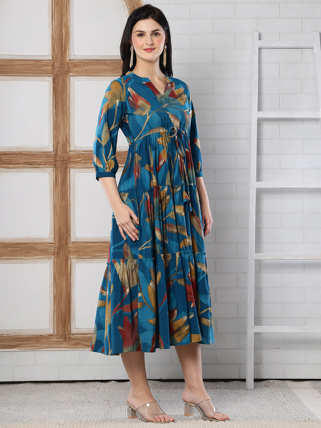 Blue chanderi dress with botanical print and puffed sleeves