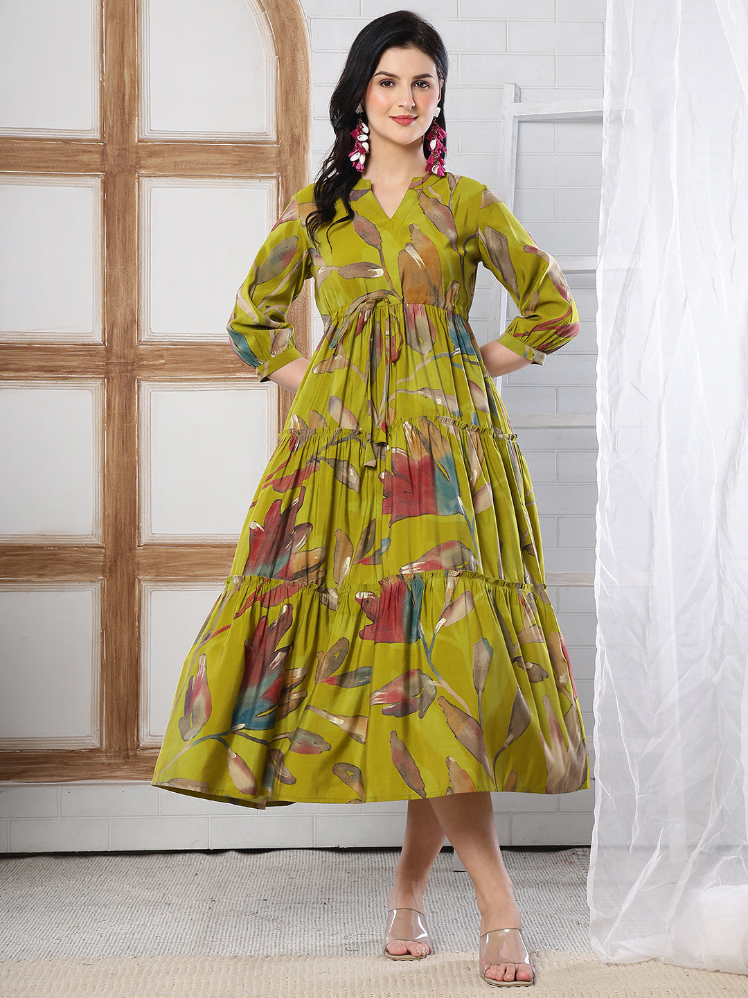Mustard Yellow Floral Print Fit & Flare dress for Women | Claura
