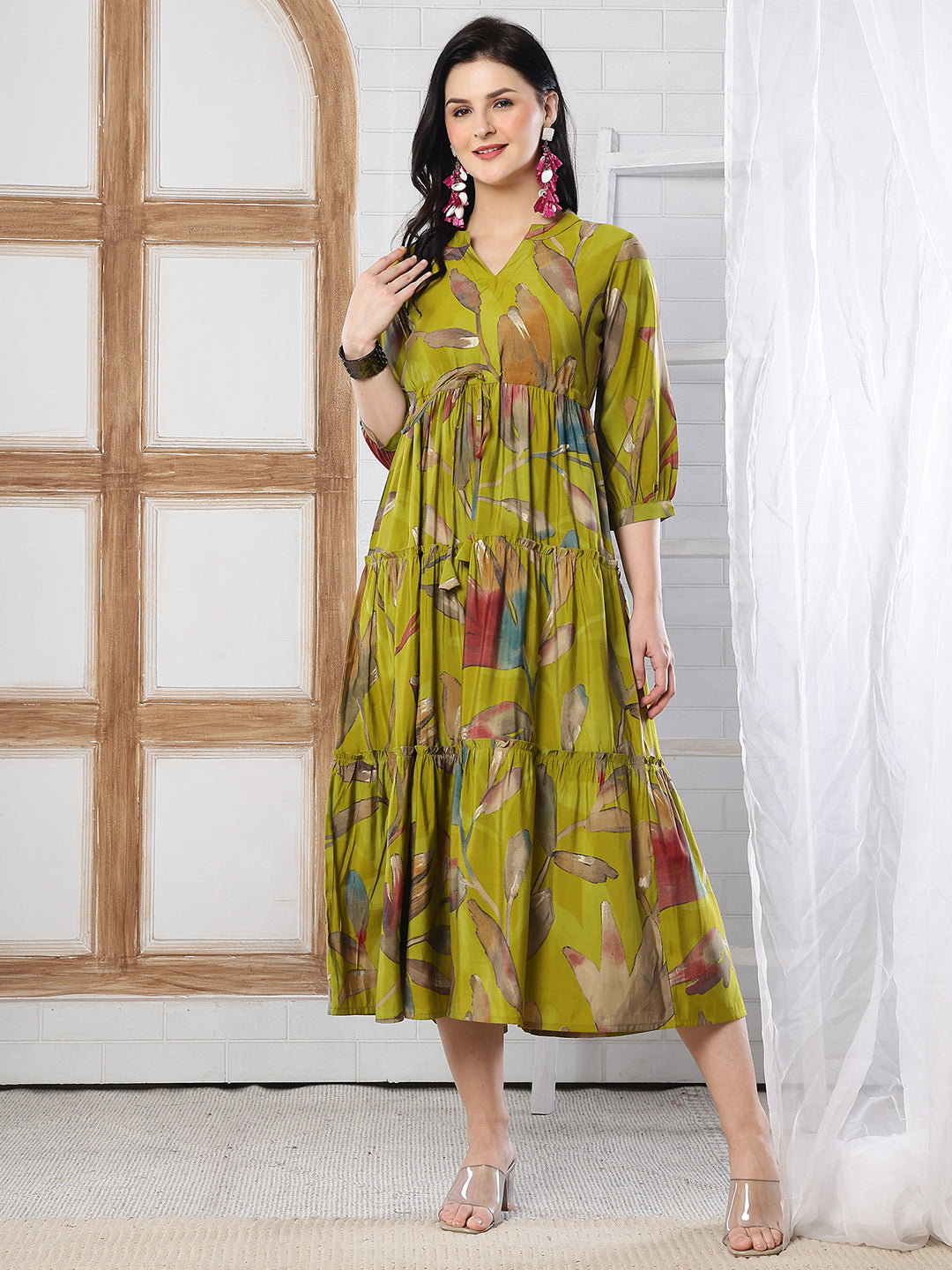 Mustard Yellow Floral Print Fit & Flare dress for Women | Claura