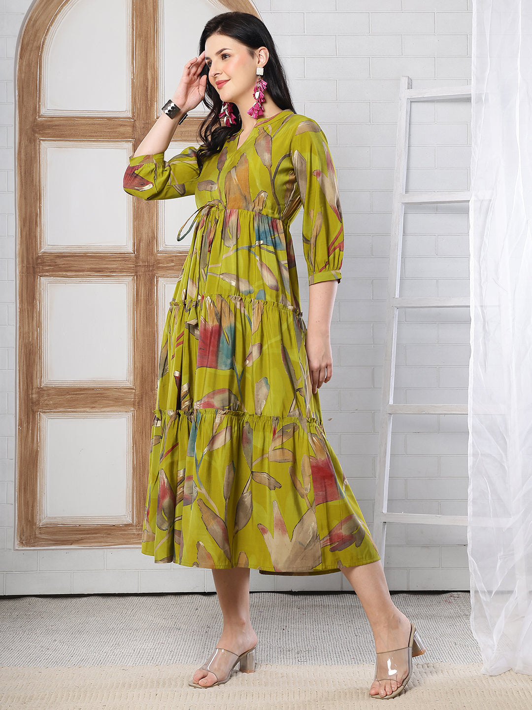 Mustard Yellow Floral Print Fit & Flare dress for Women | Claura