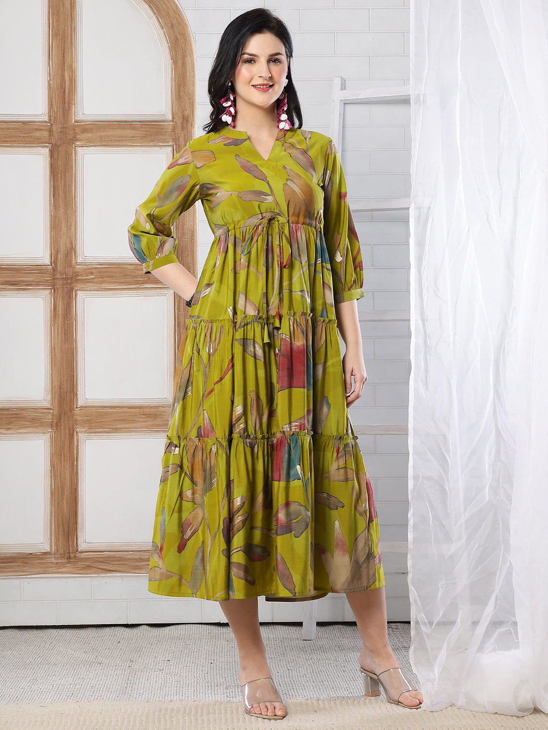 Mustard Yellow Floral Print Fit & Flare dress for Women | Claura