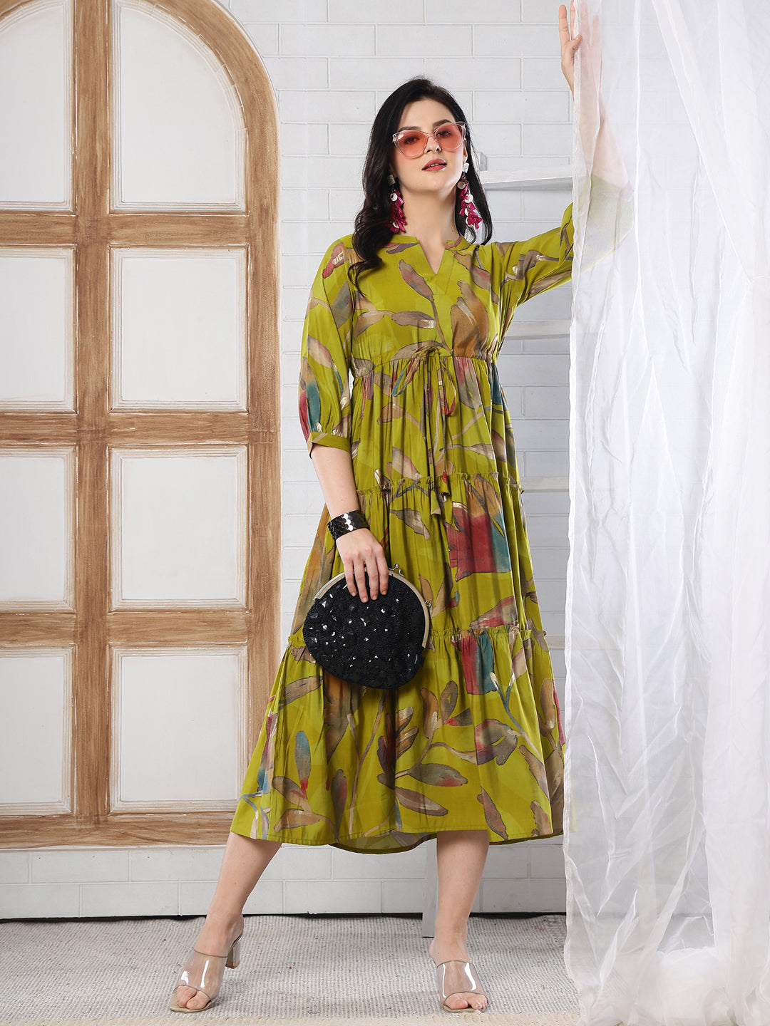 Mustard Yellow Floral Print Fit & Flare dress for Women | Claura