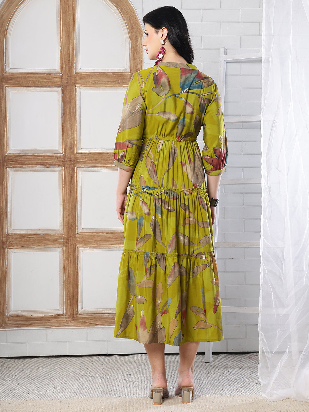 Mustard Yellow Floral Print Fit & Flare dress for Women | Claura